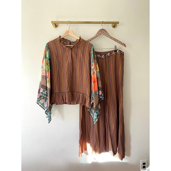 ARATTA Anthropologie Brown Striped Floral Set Mariah Stripe Pants Size Medium - Picture 2 of 7